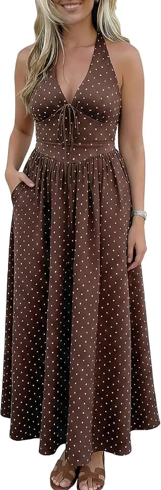 Womens Polka Dot Dress 2026 Summer Halter Cocktail V Neck Maxi Smocked Casaul Long Dresses with Pockets