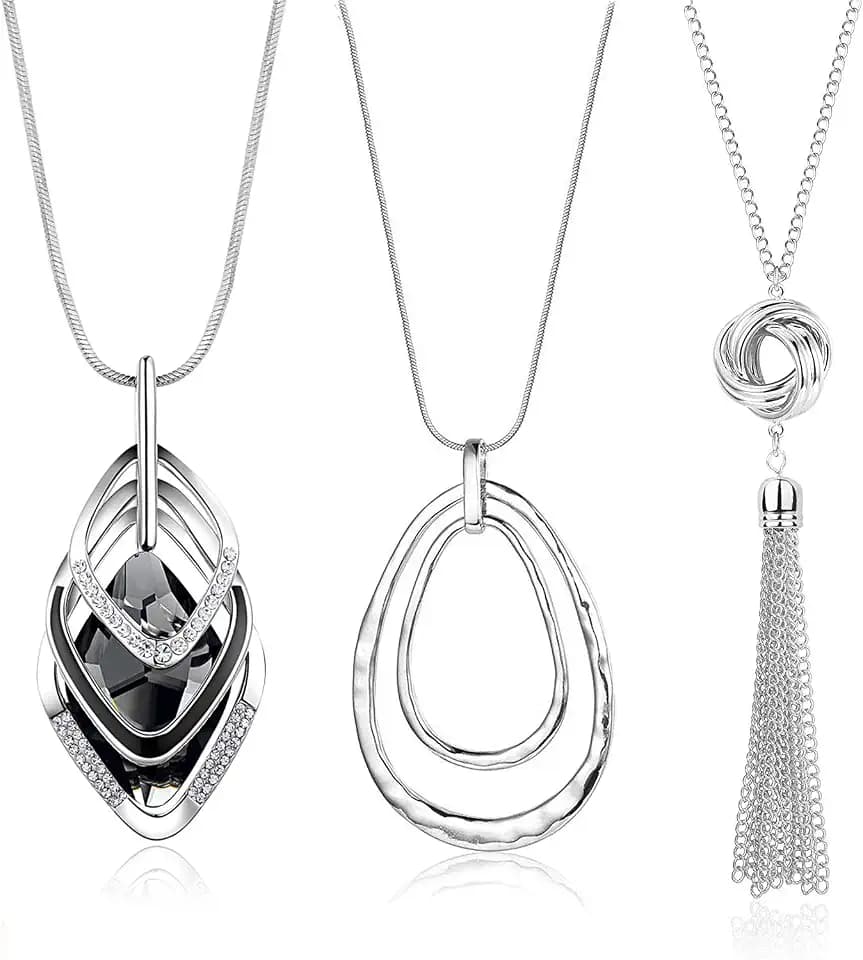 3PCS Long Pendant Necklaces for Women Disk Circle Pendant Triple Stack Pendant Necklace Tassel Sweater Necklace Statement Necklace Y Necklaces Set