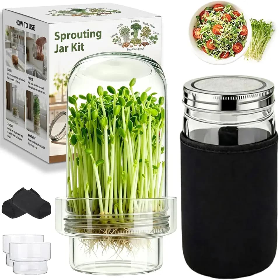 Sprouting Jar Kit with Stainless Steel Mesh Lids and Drip Covers 2 Wide Mouth Mason Jars - Complete Home Seed Sprouter Growing Kit for Broccoli, Alfalfa, Mung Beans - Gardening Gift for Adults & Kids