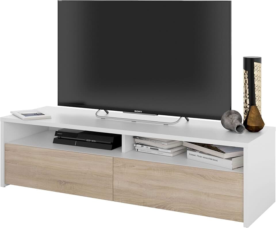 Habitdesign, TV-Möbel mit 2 Klapptüren und 2 offenen Fächern, Fernsehmöbel, Wohnzimmermodul in Artik weiß und kanadischer Eiche, Maße: 130 x 35,5 x 40,2 cm (B x H x T), Modell Kioto