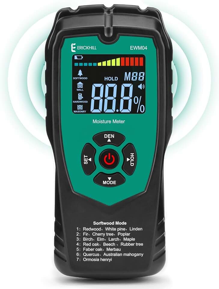 Pinless Moisture Meter for Walls and Wood, Non-Destructive Dampness Tester for Drywall, Masonry and Building Materials, 3-Color Indicator, Audible Alarm, Detects up to 2 Inches Deep