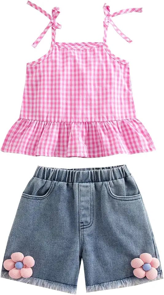 VISGOGO Toddler Baby Girl Short Set Summer Denim Outfits 6 12 18 24M 2T 3T 4T 5T Flower Jeans Shorts Tops Kids Girl Clothes