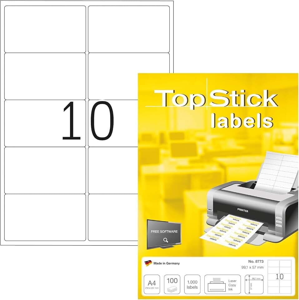 TopStick 8773 Adressetiketten, 100 Blatt, 99,1 x 57 mm, 10 pro A4 Bogen, 1000 Stück, selbstklebend, bedruckbar, matt, blanko Papier Adressaufkleber Etiketten, weiß