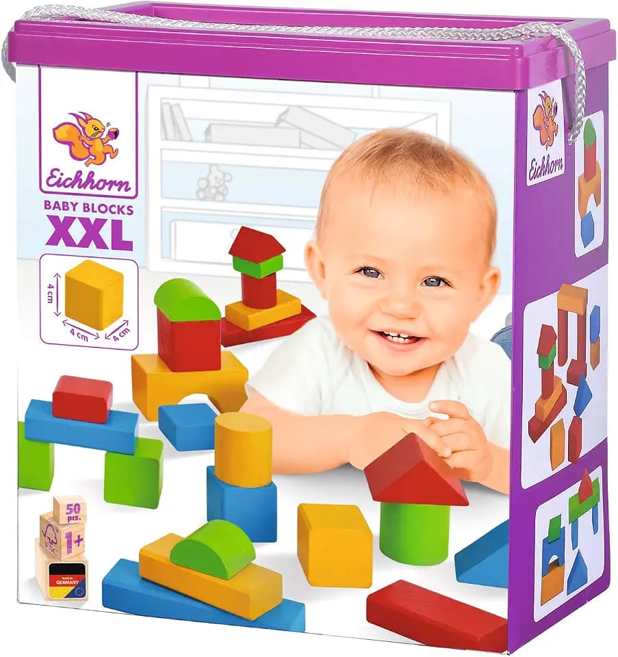 Eichhorn 50 extra große Baby Holzbausteine in der Aufbewahrungsbox mit Kordel, für Kinder ab einem Jahr