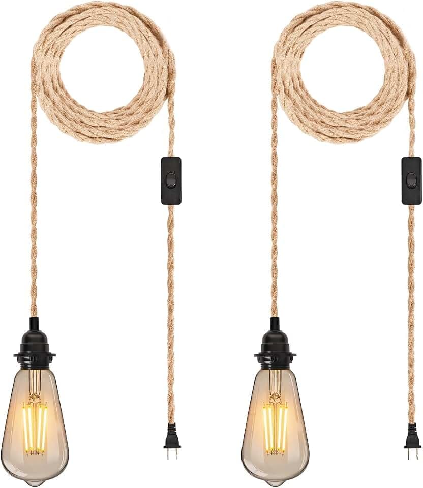 2 Pack Hanging Lamp Kit with On/Off Switch, Plug in Pendant Light Kit for Home Lighting, 15ft Lamp Cord with E26 E27 Socket, Industrial Rope Light Fixture, Bulb Not Included
