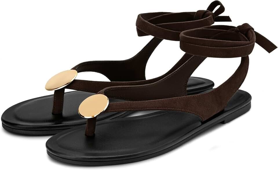 Carcuume Women's Suede Flat Sandals with Metallic Accents Adjustable Strappy Flip Flops for Beach Vacation Casual Outings Cushioned Dressy Slides,MOLAZY-00