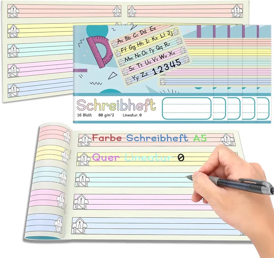 5 Stück Farbe Schreibheft A5 Quer Lineatur 0 für 1. Schuljahr Lernheft Schreiblernheft Notizbuch für Die Schule und Zum Lernen 80 g/qm