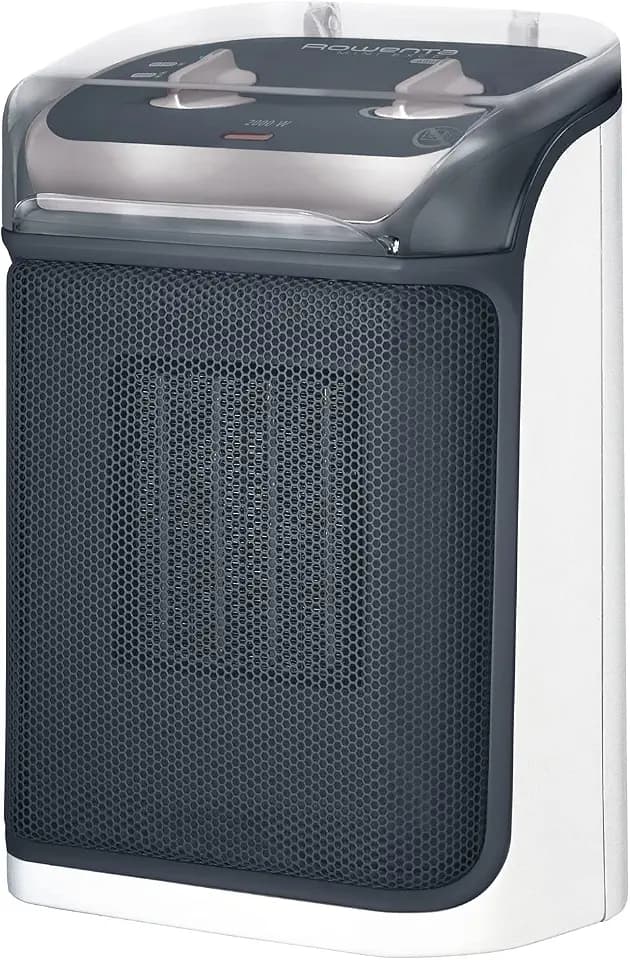 Rowenta SO9281 Mini Excel Aqua Keramik Heizlüfter | Spritzwassergeschützt | leistungsstark | kompakt | leise mit nur 50dB(A) | Tragegriff | 2000W |‎ 20.6 x 14.6 x 30.8cm | Grau/Weiß