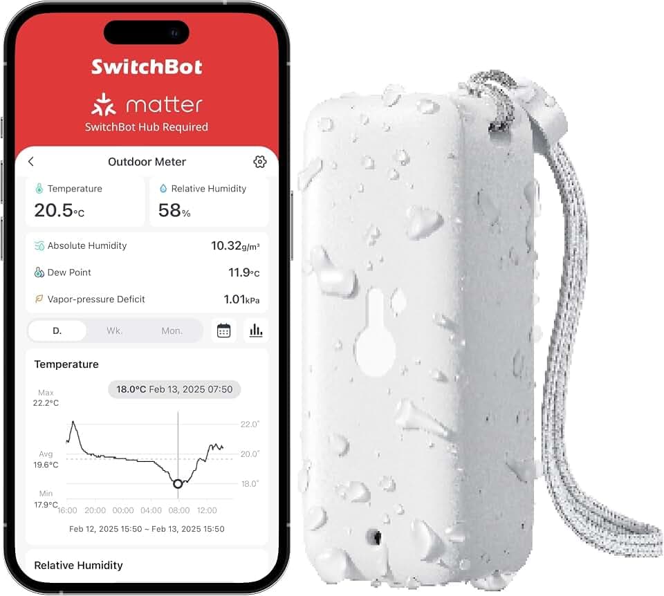 SwitchBot Thermometer Hygrometer Innen Außen, Bluetooth Außenthermometer Luftfeuchtigkeitsmesser, Präzise Thermo-Hygrometer mit APP, Datenspeicherung für Gewächshaus Weinkeller