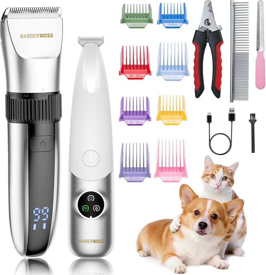 BarberBoss Kabelloser Haustier-Fellpflege-Clipper, Keramikklingen, LED-Display, schnelles Aufladen, elektrische Haustierschneidemaschine für Hunde und Katzen (Silber und Weiß)