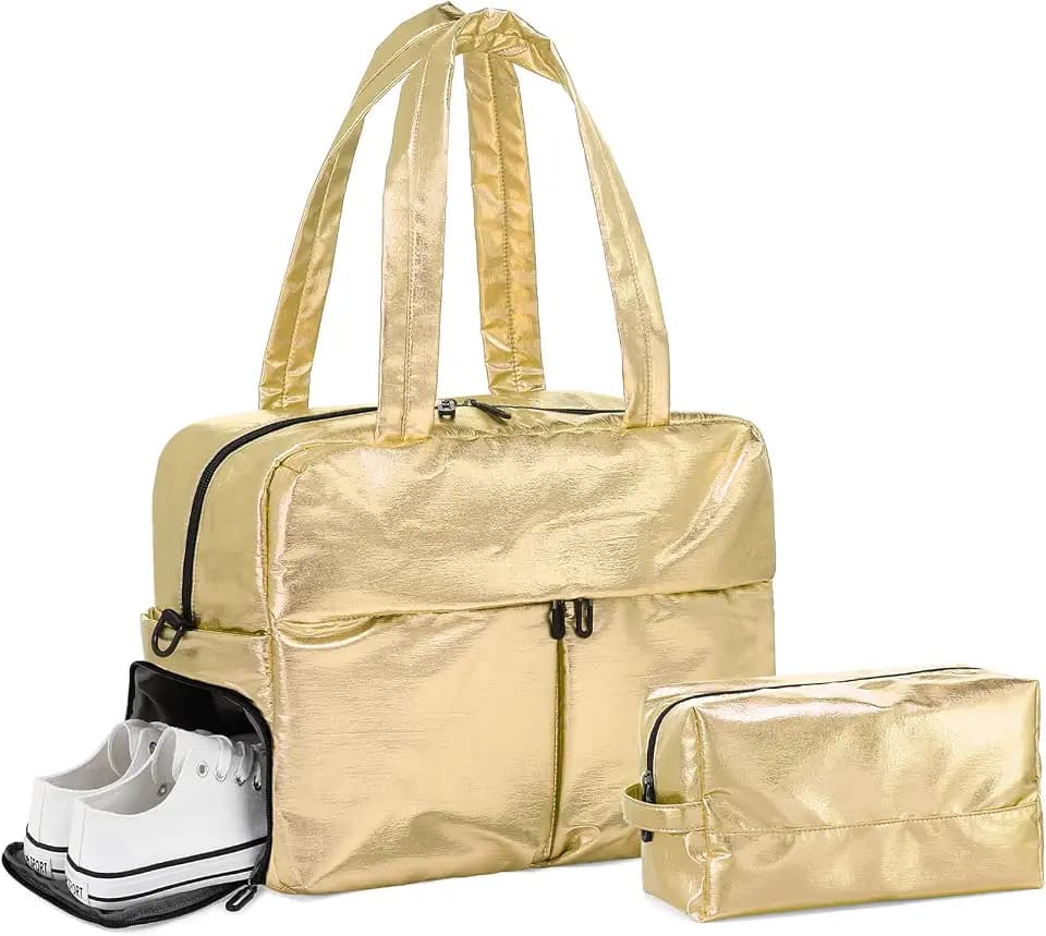 DTGN Kompakte Reisetasche für Damen, 45 l Turnbeutel, stilvolle Wochenendtasche mit Schuhtasche, TSA-zugelassenes Handgepäck für Flugzeug, Fitness, Wochenende, Gold, 7 x 11.81 x 16.54 inches, Lässig