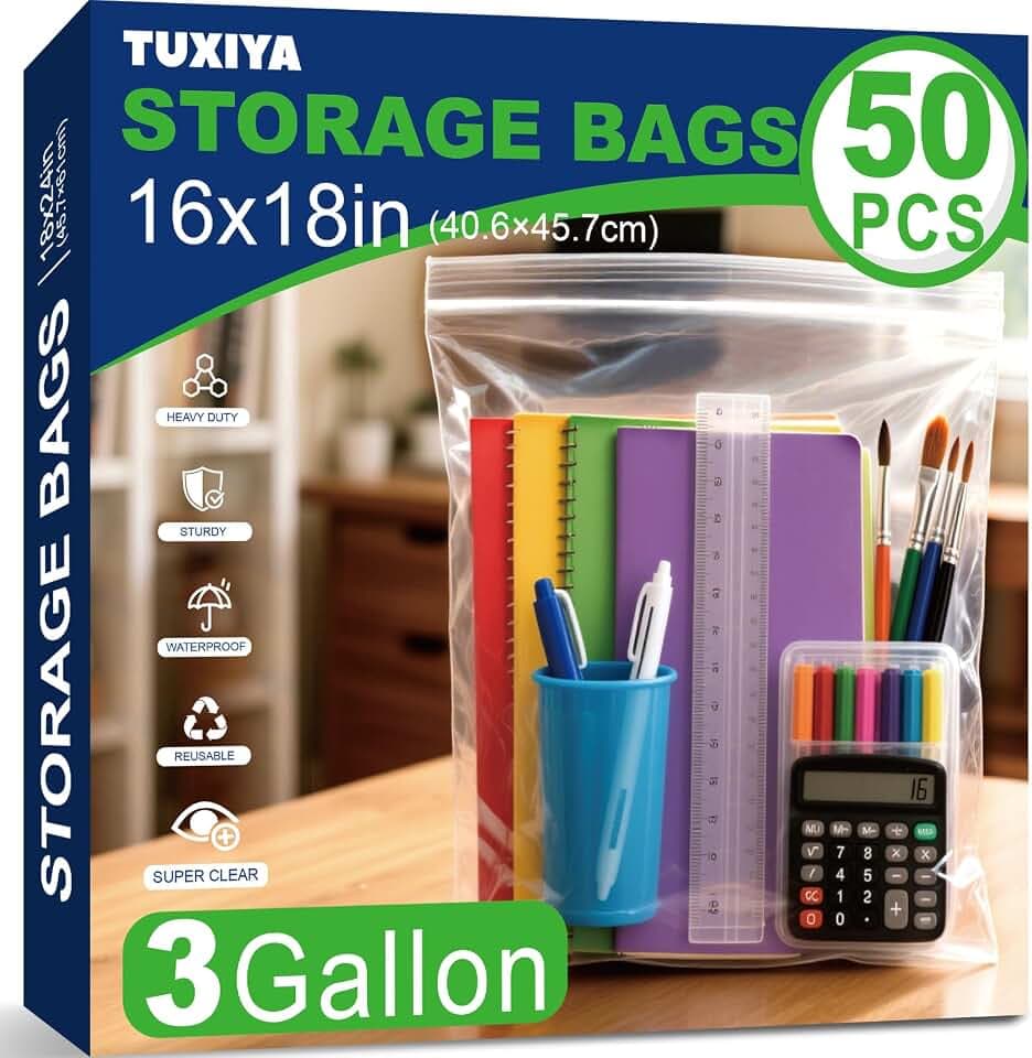 TUXIYA 50PACK 3 Gallon Large Zipper Bags for Storage 16" x 18" Storage Bags