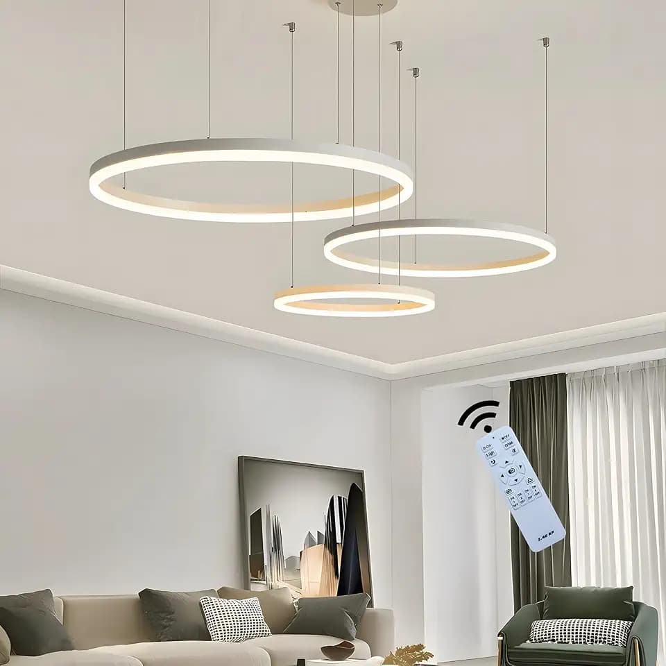 Metall LED Kronleuchter | 3 Kreise 40+60+80cm | 90W Rings Deckenhängelampe, Dimmbare Fernbedienung 3000–6000K, Acryl Schirm Pendelleuchte, Wohnzimmer Schlafzimmer Foyer Esszimmer【Weiß】