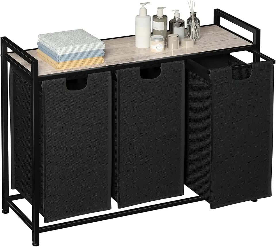 AMHANCIBLE Wäschekorb 3 Fächer, Wäschesammler mit Ablage, Wäschebox