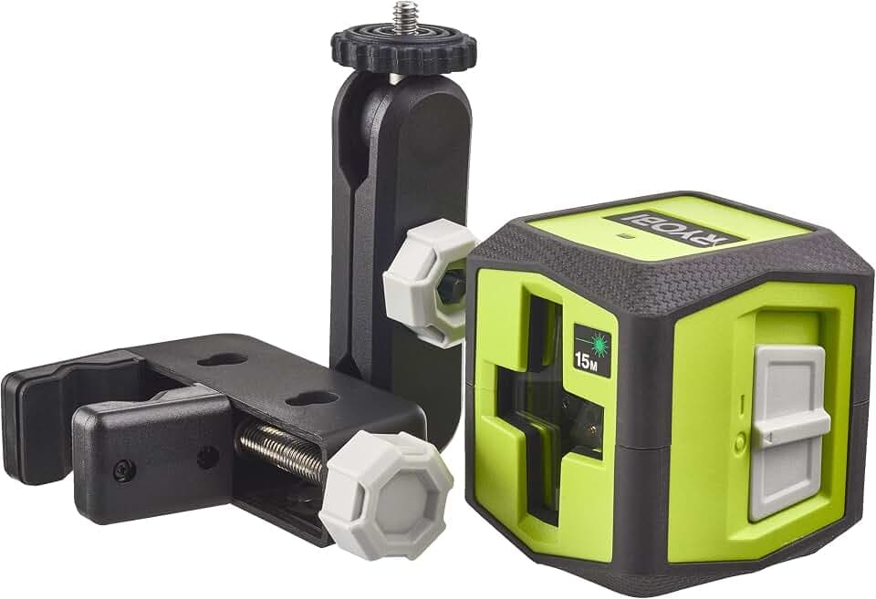 RYOBI batteriebetriebener Kreuzlinienlaser RBCLLG1, horizontale und vertikale Laserlinie bis max. 15 m, inkludierte Halterung, für den Außenbereich geeignet