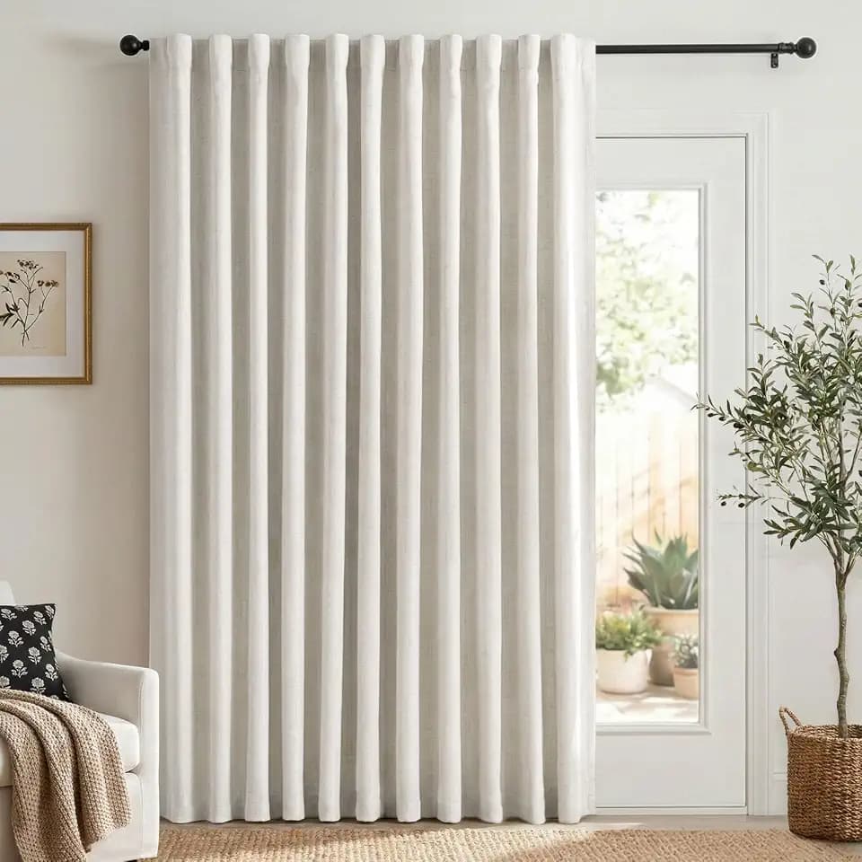 Linen Textured Total Blackout Sliding Door Curtains 90 Inches Long, Beige