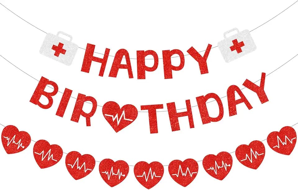 Krankenschwestern Thema Geburtstag Party Dekorationen, Krankenschwestern Woche Geburtstag Party Dekoration, Rot Glitzer Happy Birthday und Herz Banner für Krankenschwestern Tag Geburtstag Party