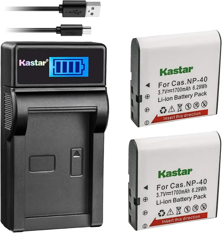 Kastar Battery (X2) & LCD USB Charger for NP-40 and Exilim Z400 FC100 FC150 FC160S P505 P600 P700 Z100 Z1000 Z1050 Z1080 Z1200 Z200 Z30 Z300 Z40 Z450 Z50 Z500 Z55 Z57 PRO EX-Z600 Z700 Z750 Z850