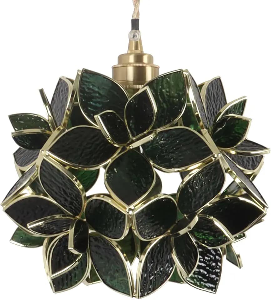 Bieye L11039 Petals Tiffany Style Stained Glass Ceiling Pendant Light for Home Decoration (Textured Deep Green, 8" Rose Lily)