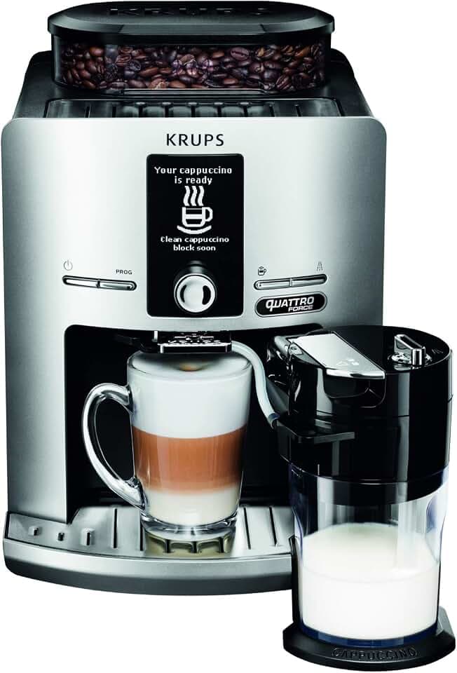 Krups Kaffeemühle für Espressobohnen, mit Milchaufschäumer, Topf aus Edelstahl, Kaffeemaschine, Kaffeebohnen Professionell silberfarben