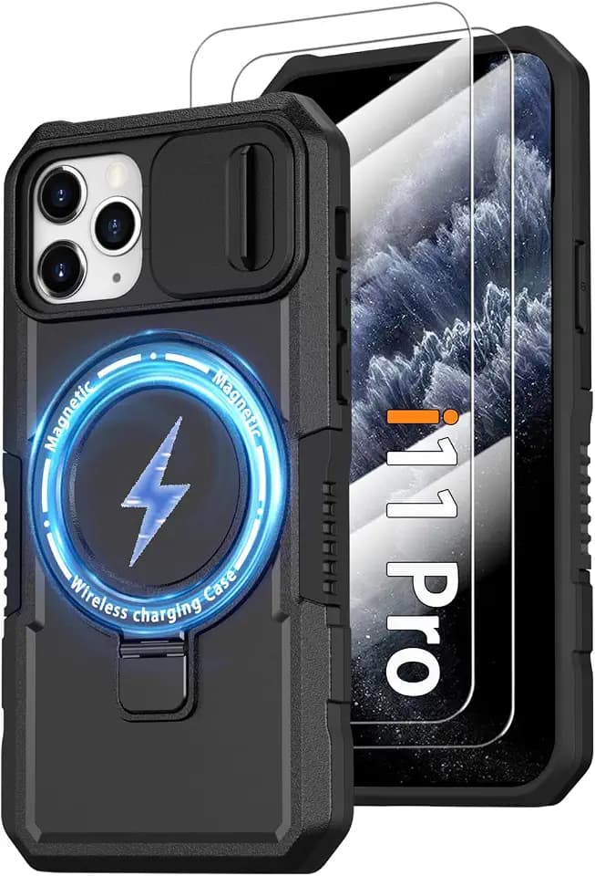 Magnetic Case for iPhone 11 Pro with Ring Stand [Glass Screen Protector] [Compatible with MagSafe] Military Grade Case with Camera Cover, Heavy Duty Shockproof Cover for iPhone 11 Pro 5.8 inch, Black