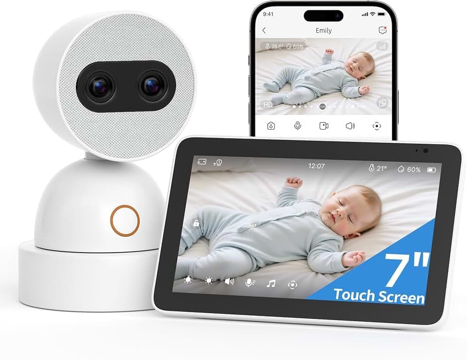 Simsky Video Baby Monitor with 2× 4MP Camera, 7" HD Touch Screen Wifi Smart Audio Monitor, 6x Optical Quality Zoom, App Remote Access, AI Tracking, Intelligence Detection, 32GB Local Storage