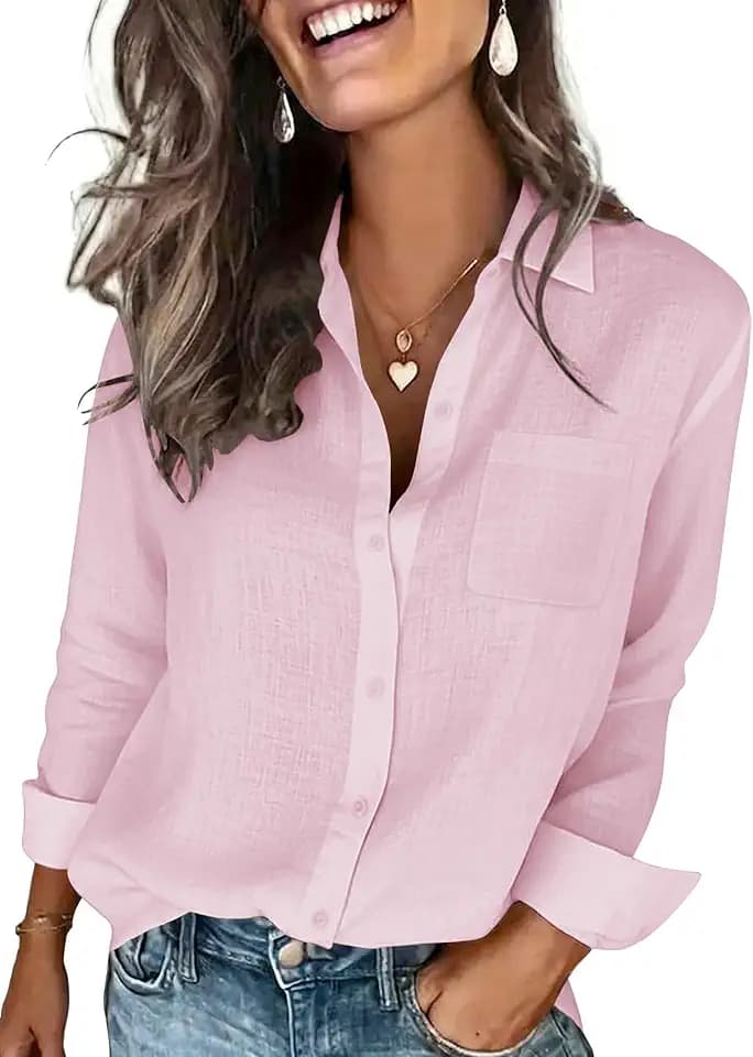 Womens Cotton Linen Textured Shirt Long Sleeve Button Down Collared Blouses Dressy Casual Gauze Tops with Pocket Breathable