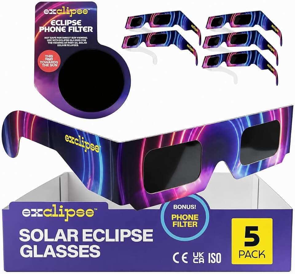 exclipse Sonnenfinsternisbrille mit Handy-Filter – ISO 12312-2 & CE & UKCA-zertifiziert, Sichere Sonnenbeobachtung + Smartphone Filter Set, AAS Zertifizierung 2026