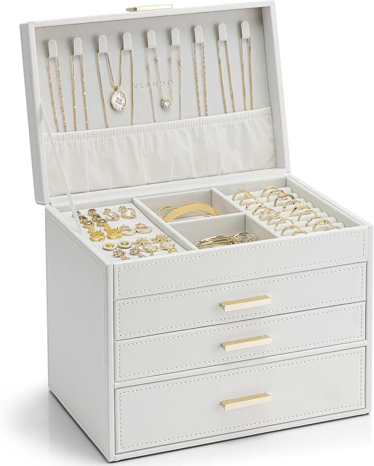 VLANDO Schmuckkästchen für Damen, 4 Ebenen Schmuck Organizer mit Halskettenhalter, Boxen & Organizer für Ring Armband und Uhr, Geschenk für Frauen