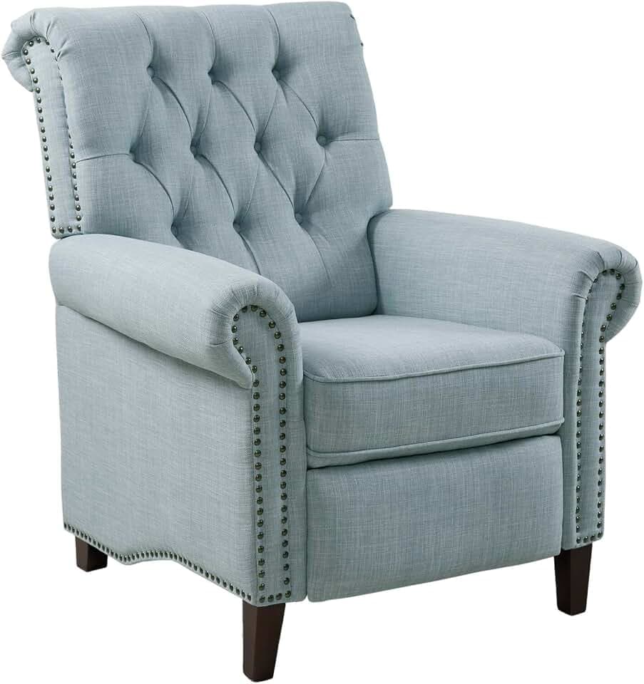 Madison Park Upholstered Manual Push Back Recliner Chair with Lumbar Support, Rolled Backrest with Button Tufting and Rivet Embellishment Design, Solid Wood Material, for Living Room, Light Blue