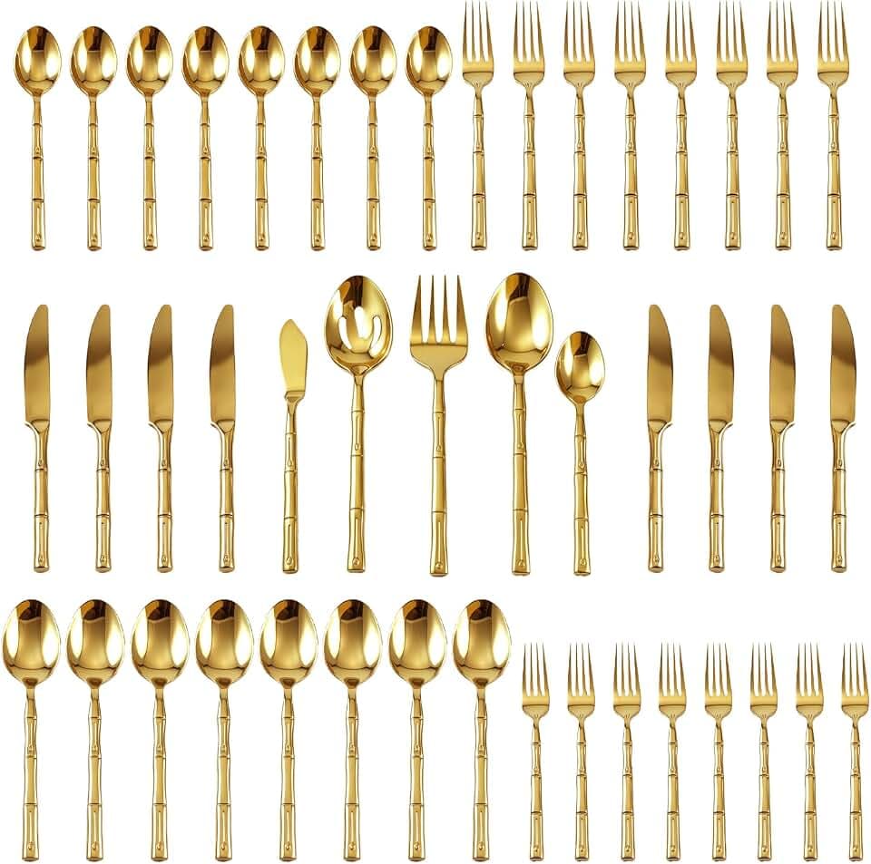 Gold Silverware Set 45-Piece Bamboo Pattern Service for 8