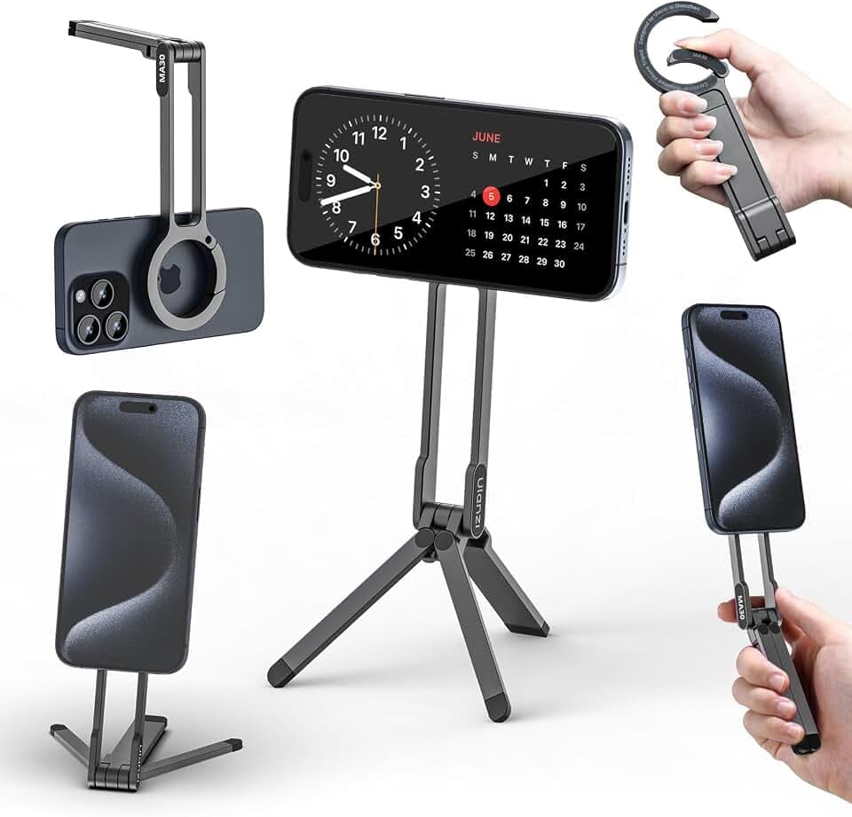 ULANZI MA30 Magnetisches Handy-Stativ Aluminium, Karabinerförmige Smartphone-Tasche, Faltbar Ständer, Mini Selfie Stick Kompatibel mit iPhone 17, 16, 15, 14, 13, 12, Magsafe, Dunkelgrau