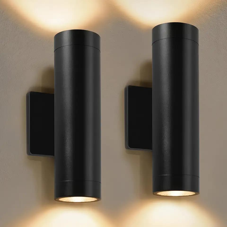 Modern Outdoor Wall Light Fixtures, 2 Pack Integrated COB LED Cylinder Up Down Wall Sconce, 12W 3000K Matte Black Aluminum Waterproof Exterior Porch Lights for House Entryway Garage