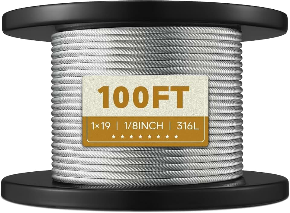100FT 1/8" T316L Stainless Steel Cable for Railing, 1x19 Wire Rope