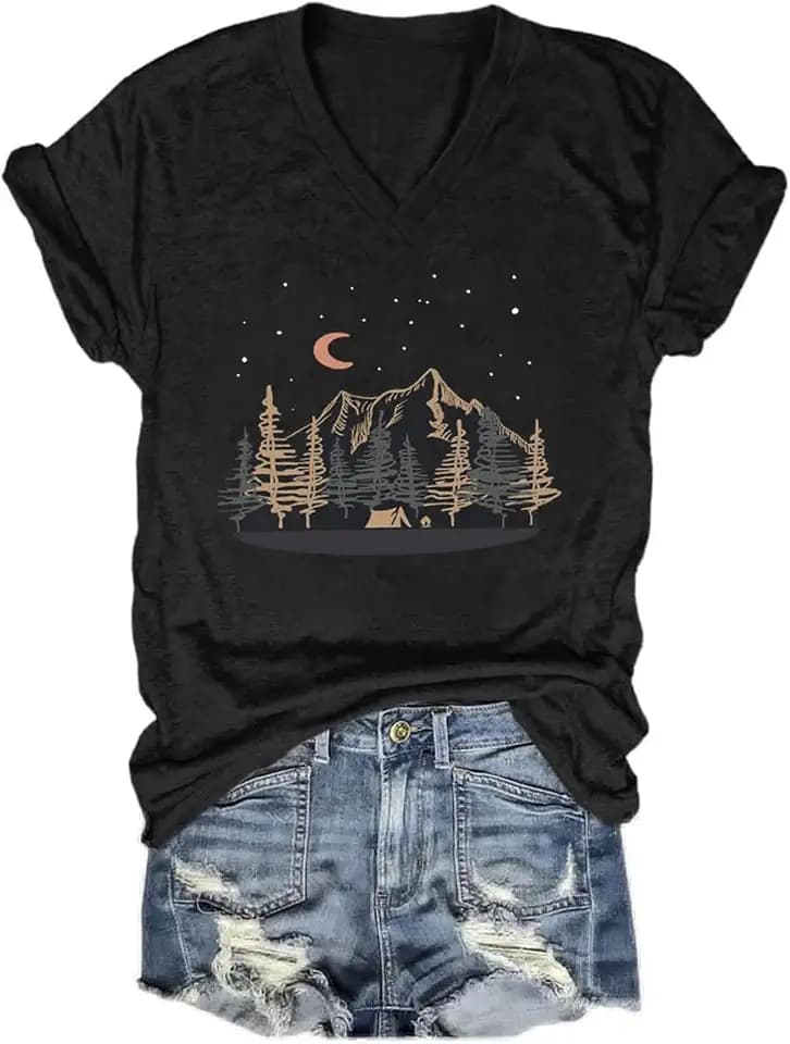 Women's T-Shirts V-Neck Boho Flowers Wildflowers Graphic Tees Shirts Cute Casual Summer Tops Short Sleeve T Shirt
