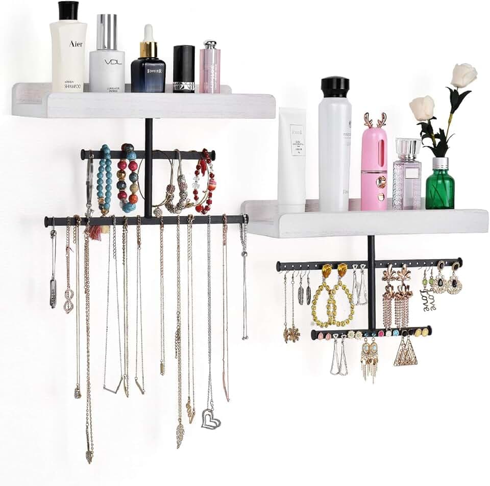 Keebofly Hanging Wall Mounted Jewelry Organizer with Rustic Wood Jewelry Holder Display for Necklaces Bracelet Earrings Ring Set of 2 White,[Patented]