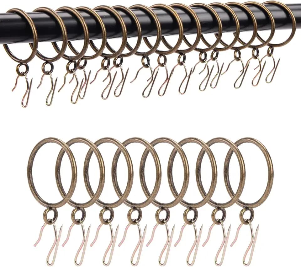 Gardinenringe mit Haken, rostfreie Metall-Vorhangringe mit Ösen und Faltenhaken für Fenster-, Tür- und Duschvorhänge, Innendurchmesser 3,2 cm, 24 Stück, Messing