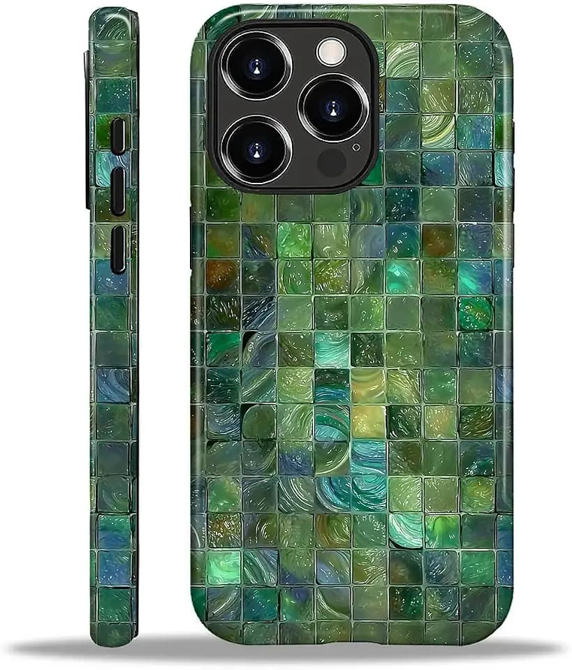 Case for iPhone 16 Pro Case,Green Toned Glass Mosaic Patten Design - Hybrid Dual Protection Silicone + Hard PC Shockproof Full Body Cover Slim Anti-Scratch Protective Case for Men Women