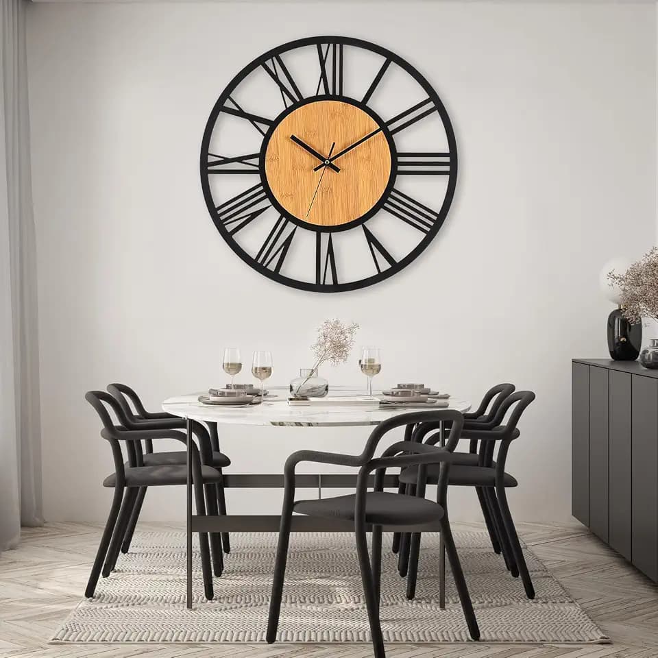 VIVILINEN Wanduhr groß 50cm aus Holz und schwarzem Metall römischen Ziffern