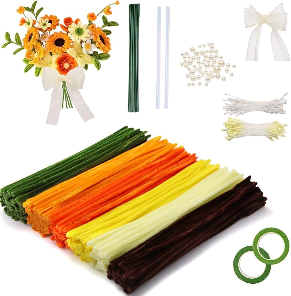 Pfeifenreiniger Blumen Set, 400 Stück Pfeifenputzer, Bouquet Pfeifenreiniger Set für DIY Basteln Blumen Dekorieren, Gelb