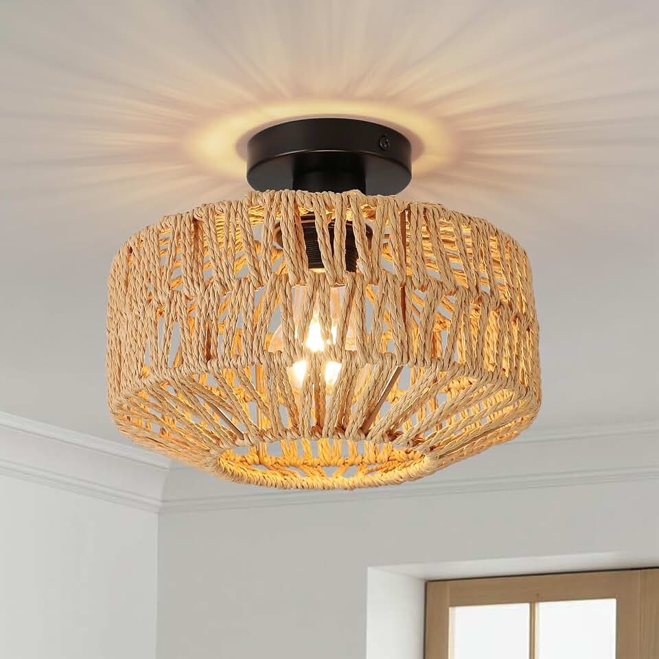 Deckenleuchte Rattan, Boho Lampe Decke mit Natürlicher Rattan Lampenschirm, E27 Vintage Kronleuchter, Rustikal Braun Deckenlampe Für Wohnzimmer Schlafzimmer Esszimmer Küche Flur