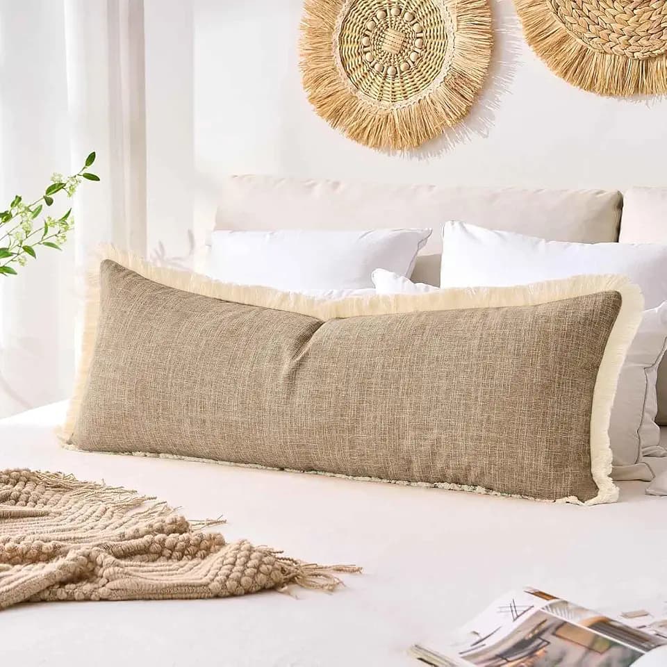 14x36 Pillow Covers Long Khaki Boho Faux Linen Decorative Fringed Rustic Woven Textured Burlap Lumbar Pillow Covers for Bed Sofa Bedroom Living Room Home Decor Cushion Cover Pack of 1