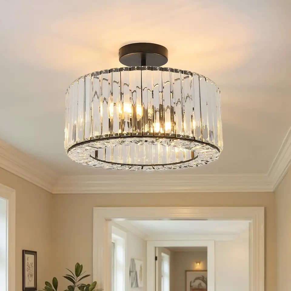 ANWIO Crystal Semi Flush Mount Ceiling Light Fixture, Modern Black Chandelier for Living Room Bedroom Kitchen Hallway Entryway, fit E26 Base Bulbs, 3-Light, 14.4inch