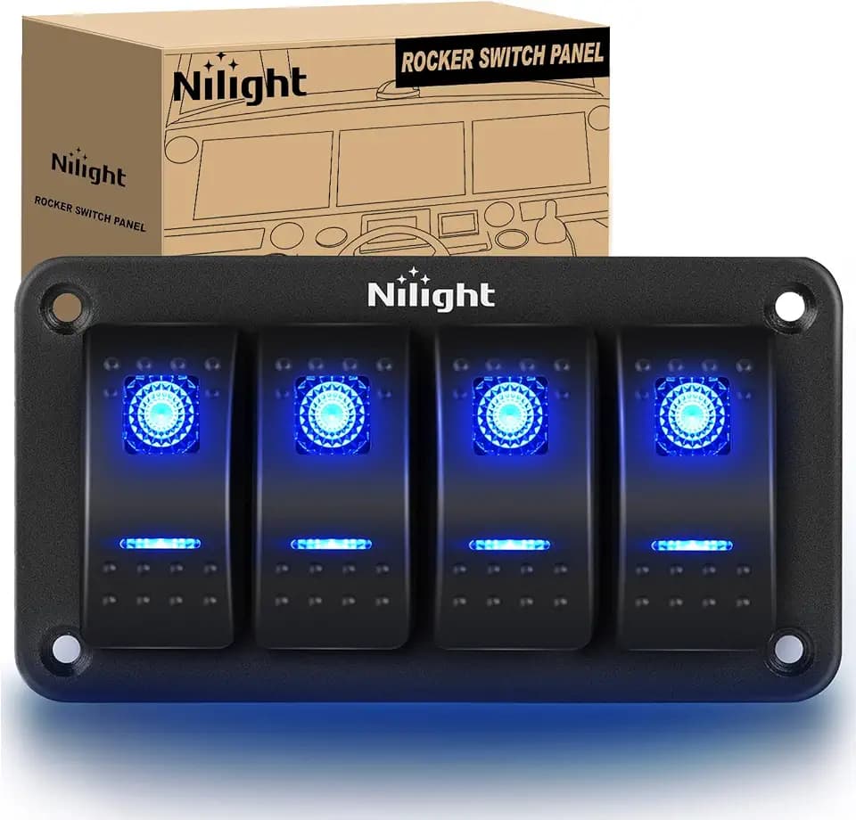 Nilight - 90109D 4 Gang Aluminum Rocker Switch Panel Toggle Dash 5 Pin ON/Off Pre-Wired Rocker Switch Blue Backlit Switch for Automotive Car Marine Boat RV,2 Years Warranty