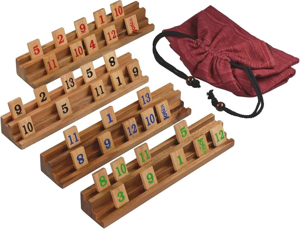 LOGOPLAY Rummy - Gesellschaftsspiel - Legespiel mit 108 Spielsteinen im Stoffbeutel - Halterungen und Steine in edler Holzausführung