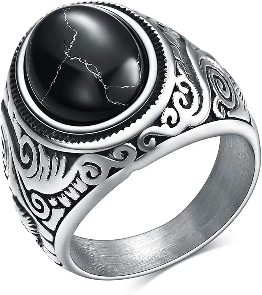 MYNENEY Retro Vintage Stone Rings for Men Turquoise Rings Stainless Steel