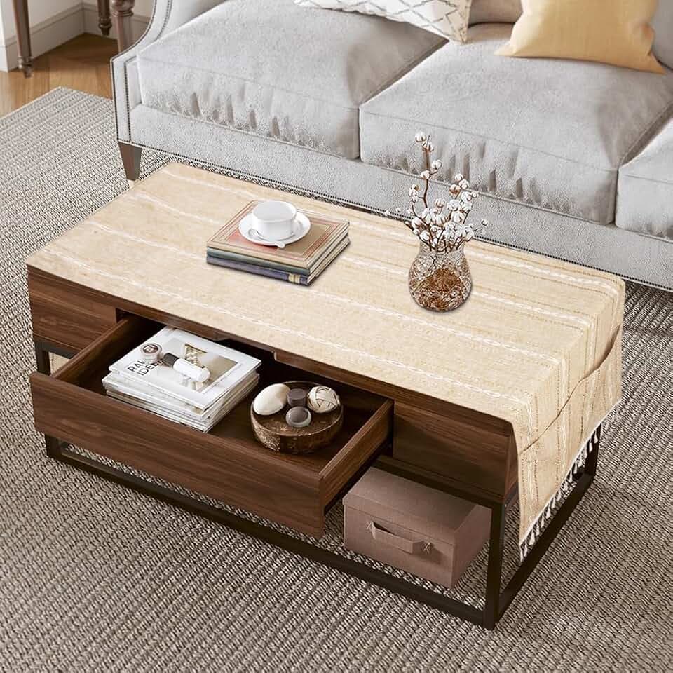 Coffee Table Cloth, Coffee Color Jacquard Coffee Table Cover with Pockets and Tassel, Living Room Small Rectangle Tablecloths Washer Dryer Fridge Top Dust Cover, Easy Care Machine Washable