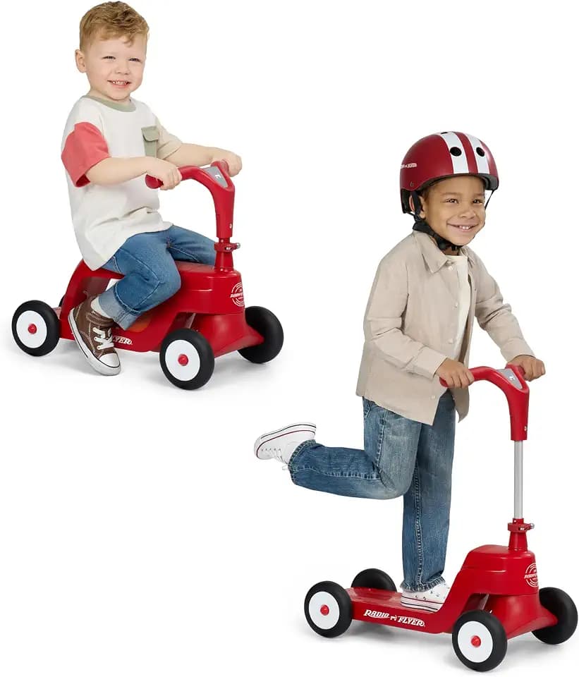 Radio Flyer Scoot 2 Scooter, Blue/Red/Pink, for Kids Ages 1-4, Ride On Toy or 4-Wheel Kids Scooter, Durable Wheels and Frame, Converts Easily with Flip Deck, Toddler Ride On Toys (Amazon Exclusive)