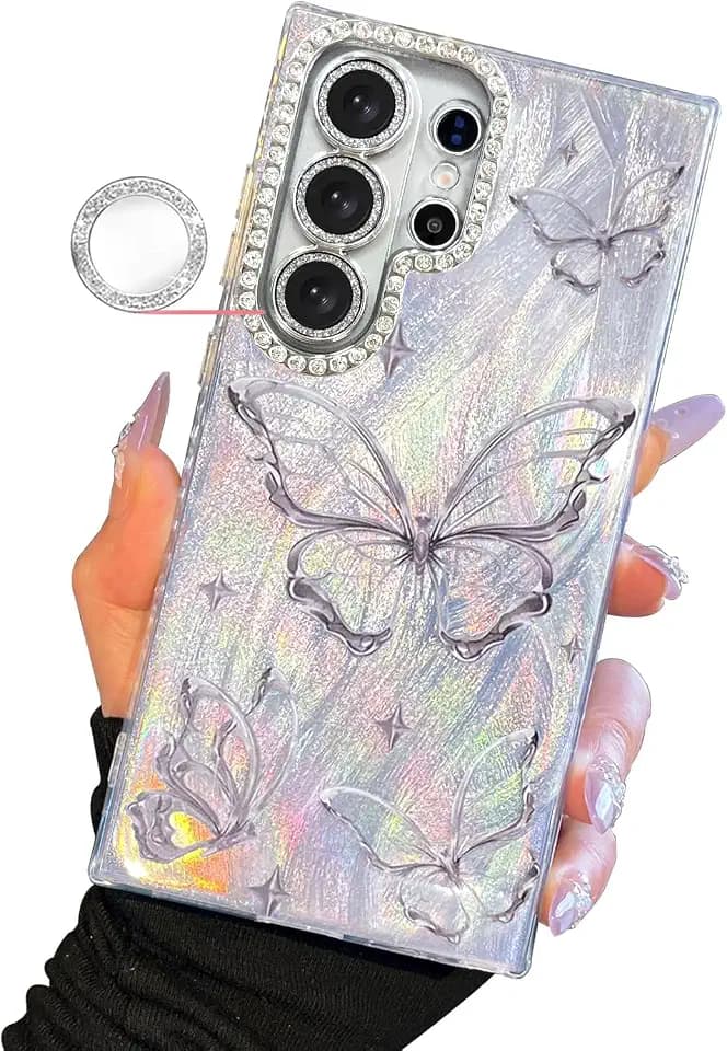 I-MGAE-IN-AR Compact Case for Samsung Galaxy S26 Ultra Butterfly Design,Diamond Camera Lens Protection Frame,Cute Soft Slim TPU Shockproof Protective Phone Cases Cover for Women Silver Aesthetic