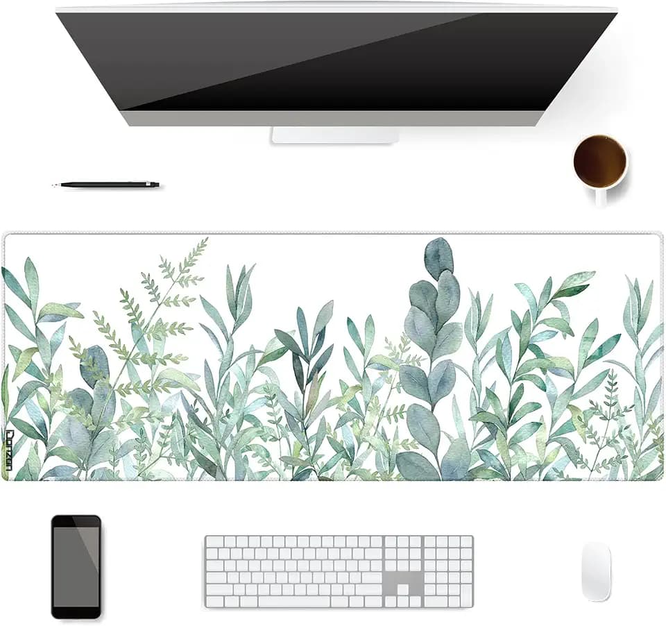 XXL Waterproof Office Desk Pad Protector 31.5x11.8 Inch - Extended Gaming Mouse Pad with Non-Slip Rubber Base, Thickened Keyboard Mat, Stitched Edges & Green Plants Design